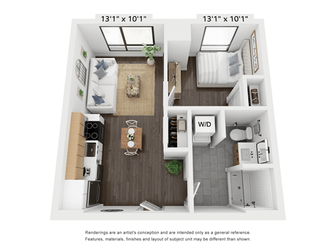 Floor plan for 1 bed, 1 bath, 459 sqft